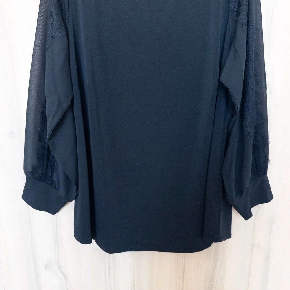 Adrianna Papell Womens Blouse 2X Black Mesh Sleeve Career Dressy‎ Whimsical Chic